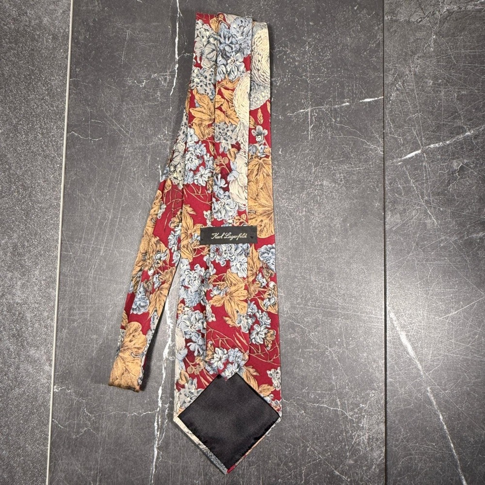 Mens Tie | Karl Lagerfeld | Vintage 90s Floral Silk Red Gold Blue Made in Italy - Picture 2 of 9
